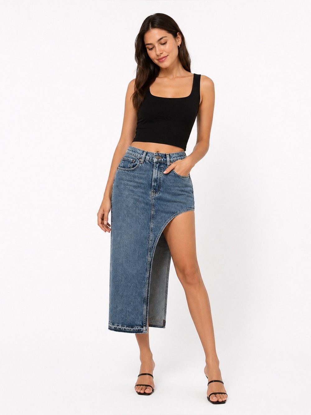 ZARA Asymmetrical Denim Midi Skirt High Slit Cut-Out Blue Jean Skirt Trendy Chic